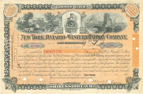 New York, Ontario and Western Railway Co. - Stock Certificate